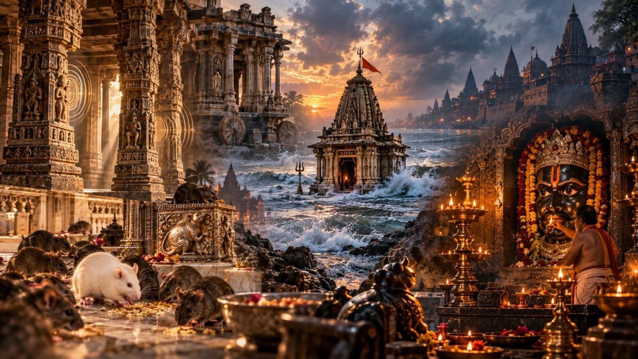 Symbolic scene representing unexplained traditions and architectural mysteries of Indian temples.