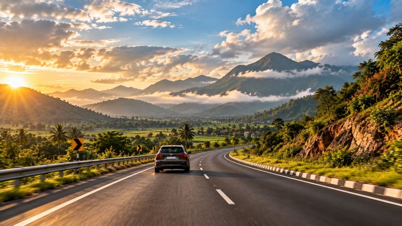 Car travelling along a scenic Indian highway during a road trip.