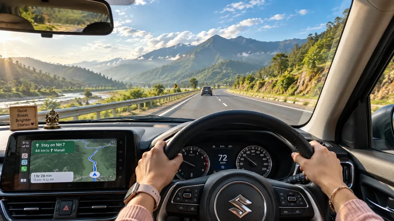 Woman driving on an Indian highway during a scenic road trip.