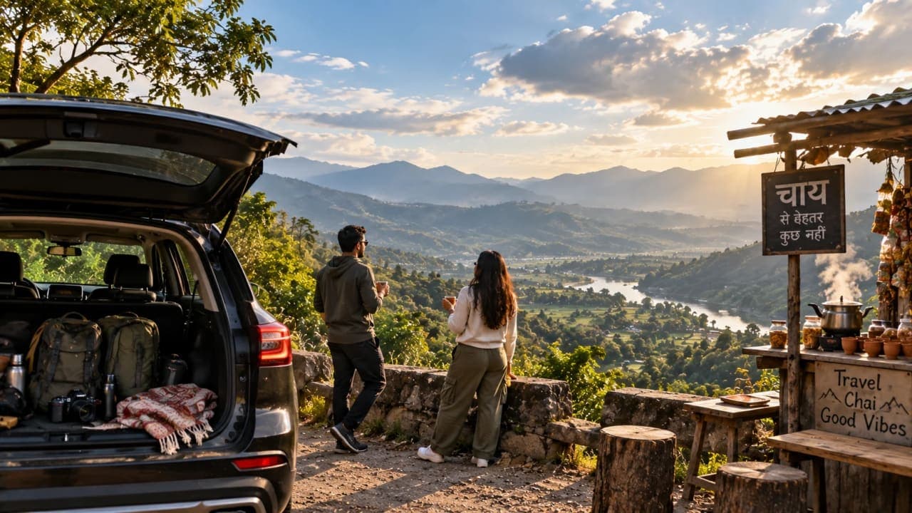 Road trip travellers stopping at a scenic viewpoint and roadside tea stall in India.