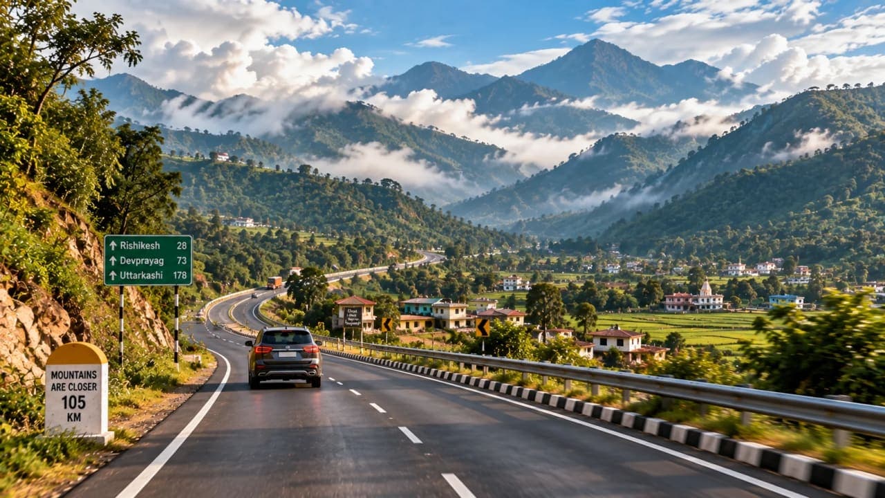 Scenic Indian road trip showing the landscape changing from plains to mountains.