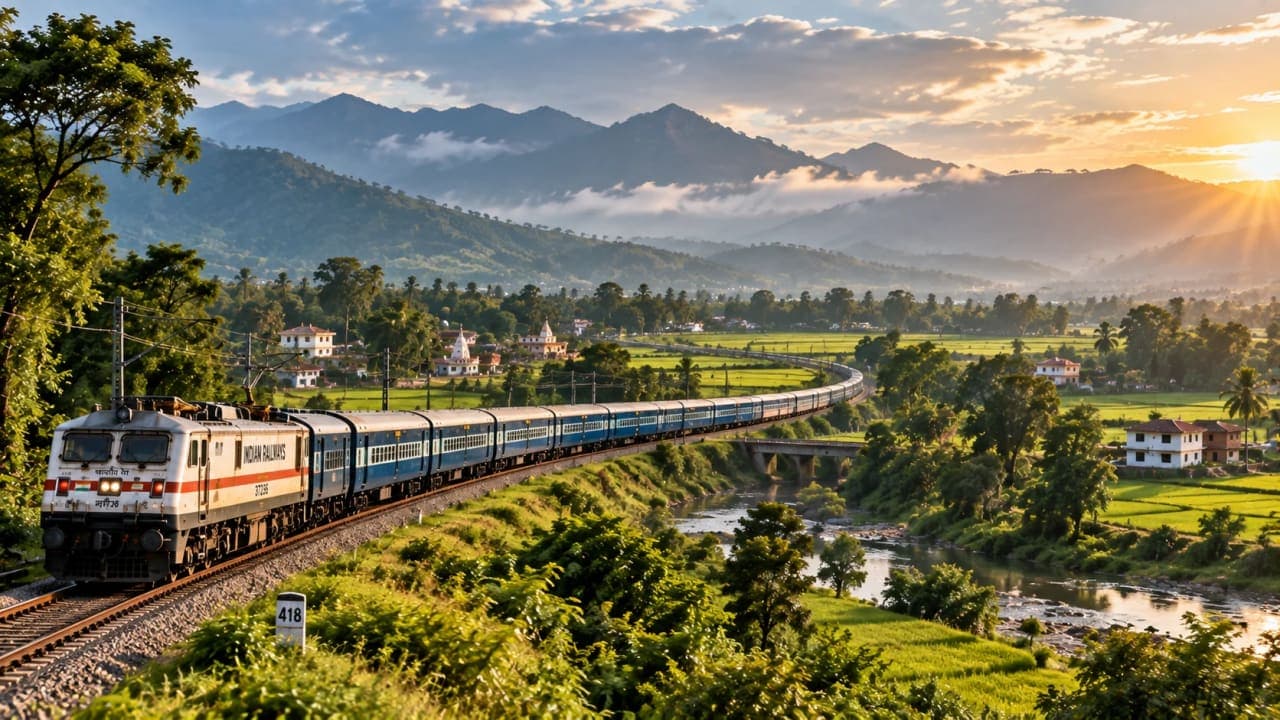 Indian passenger train travelling through green countryside and hills.