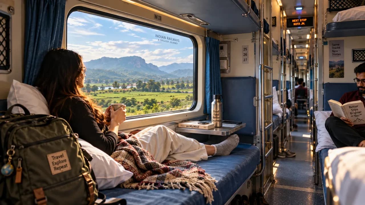 Traveller relaxing on a sleeper berth during a long-distance Indian train journey.