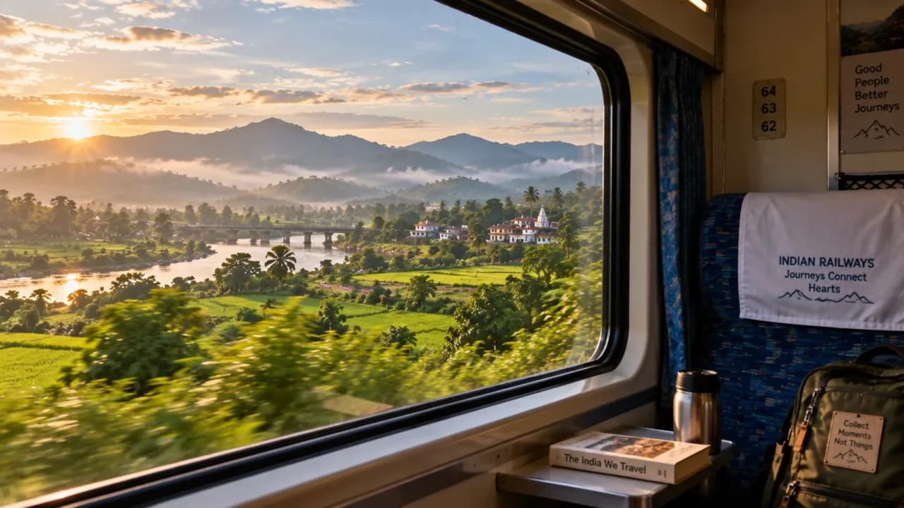 Indian countryside seen through the window during a train journey.