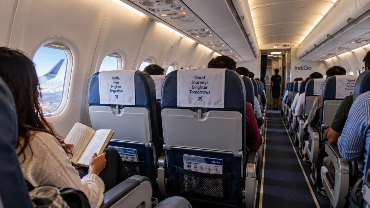 Economy-class airplane cabin during a domestic flight.