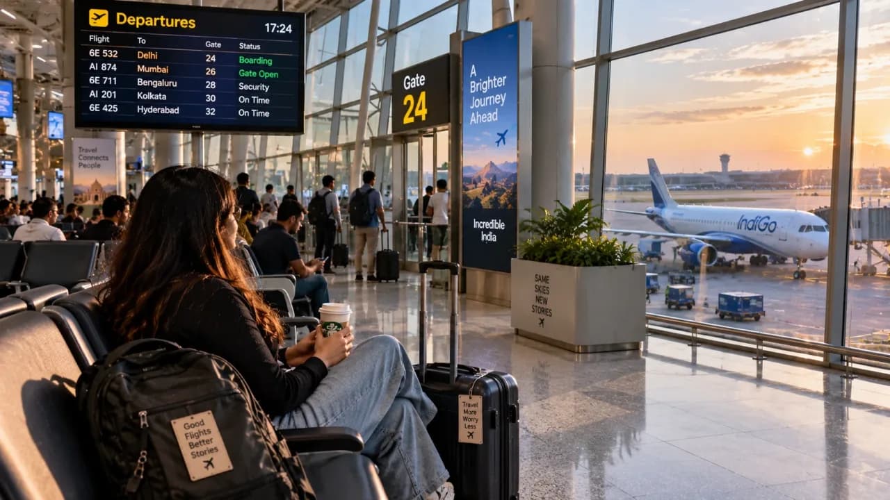 Traveller waiting at an airport boarding gate before a domestic flight in India.
