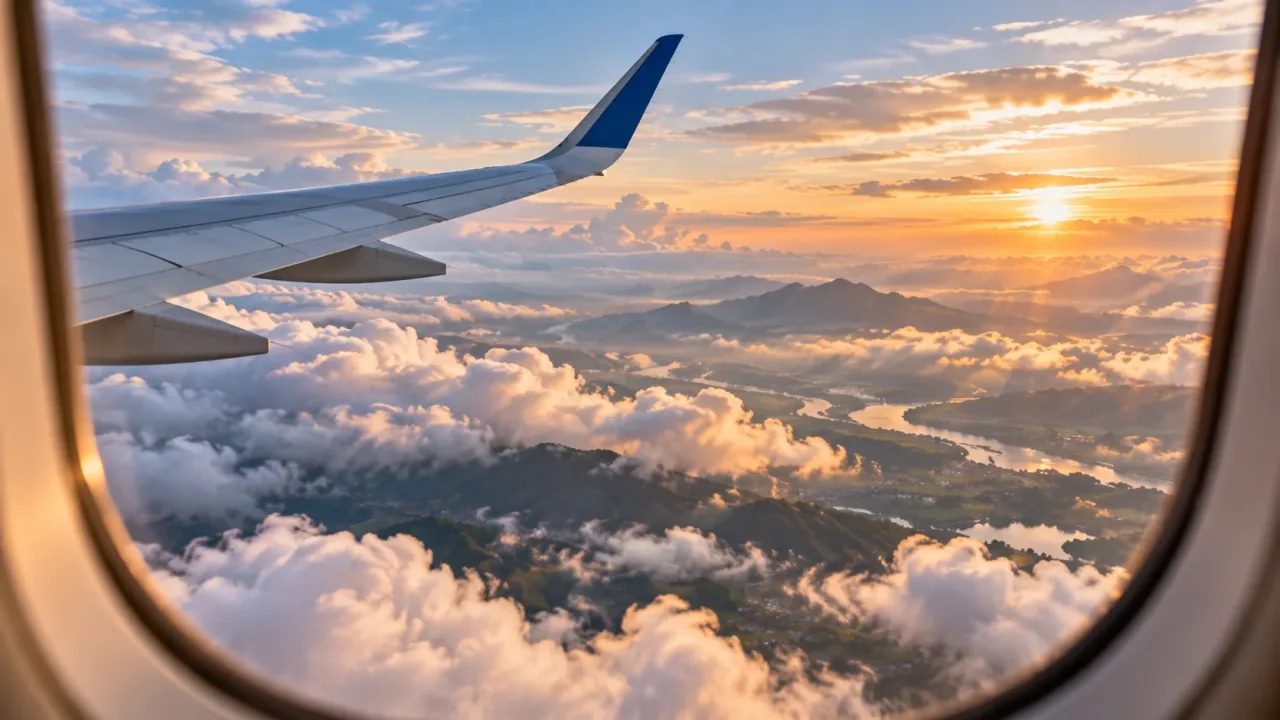 Scenic mountain and cloud view from an airplane window seat.