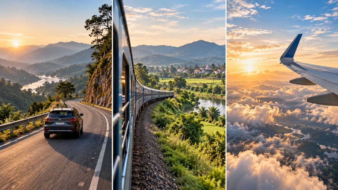 Comparison of travelling by road trip, train and flight in India.