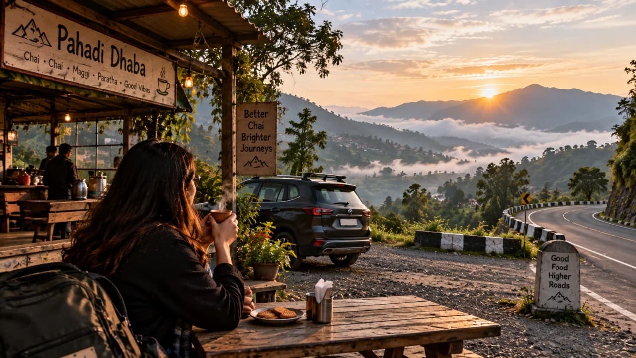 Morning chai stop at a roadside dhaba during a scenic Indian road trip.