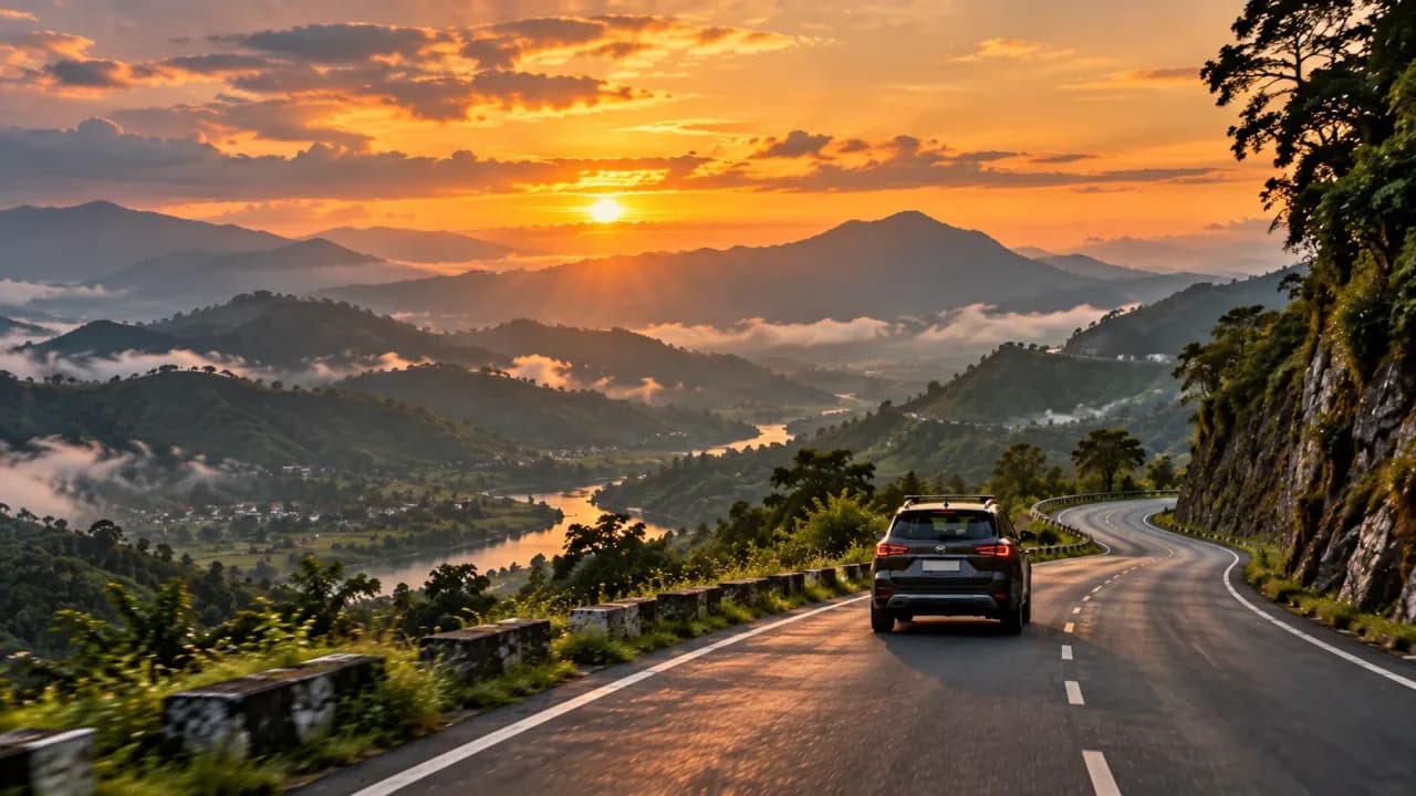 Car driving towards the mountains on a scenic Indian road trip at sunset.