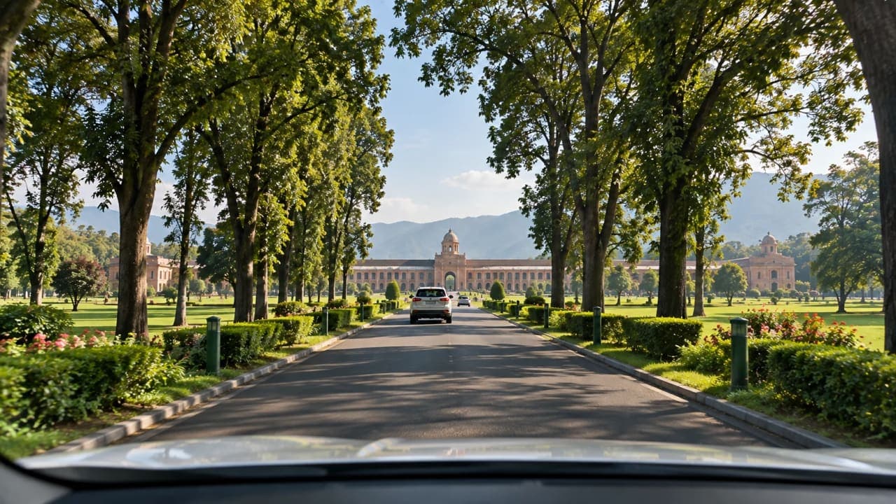Tree-lined road leading towards the Forest Research Institute building inside the FRI Dehradun campus.