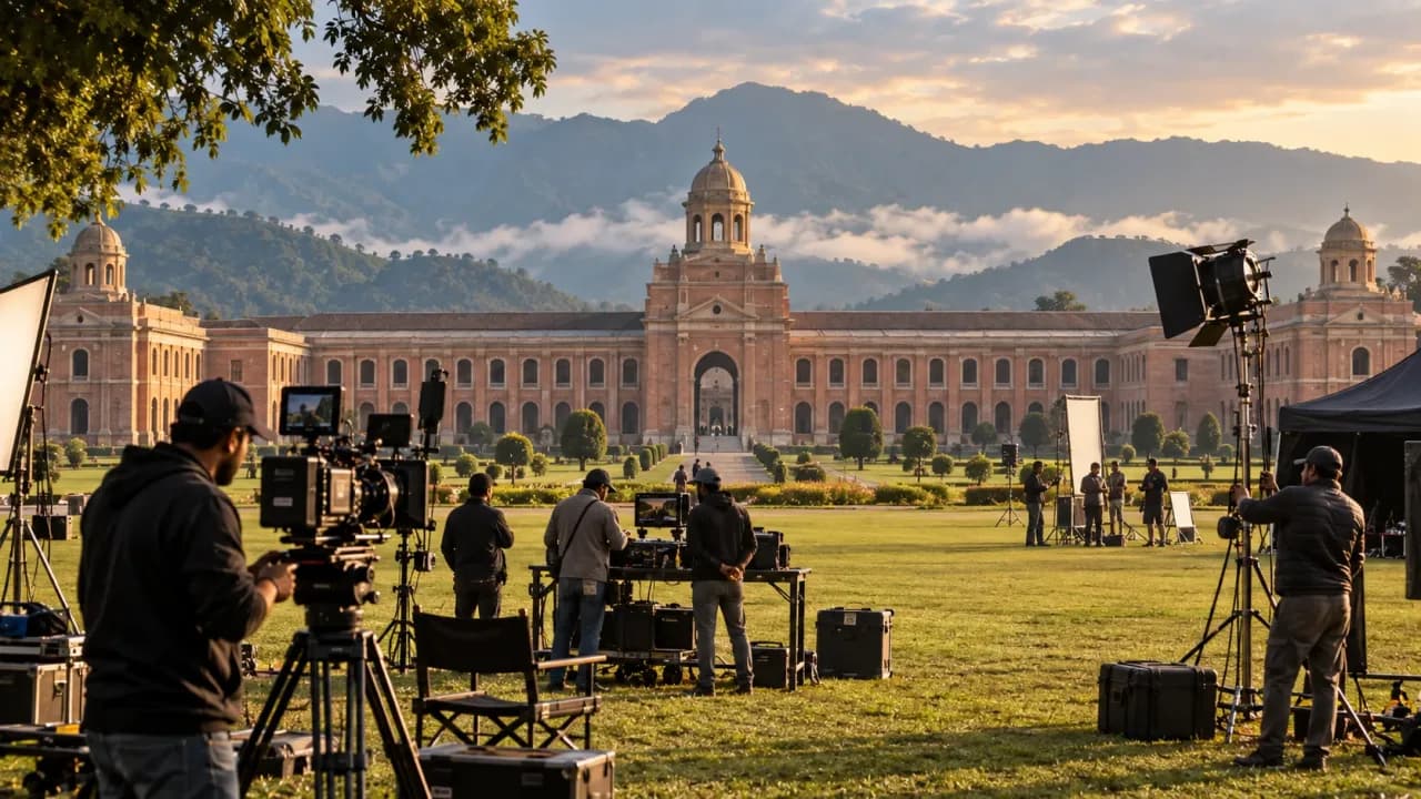 Film crew shooting in front of the Forest Research Institute building in Dehradun.