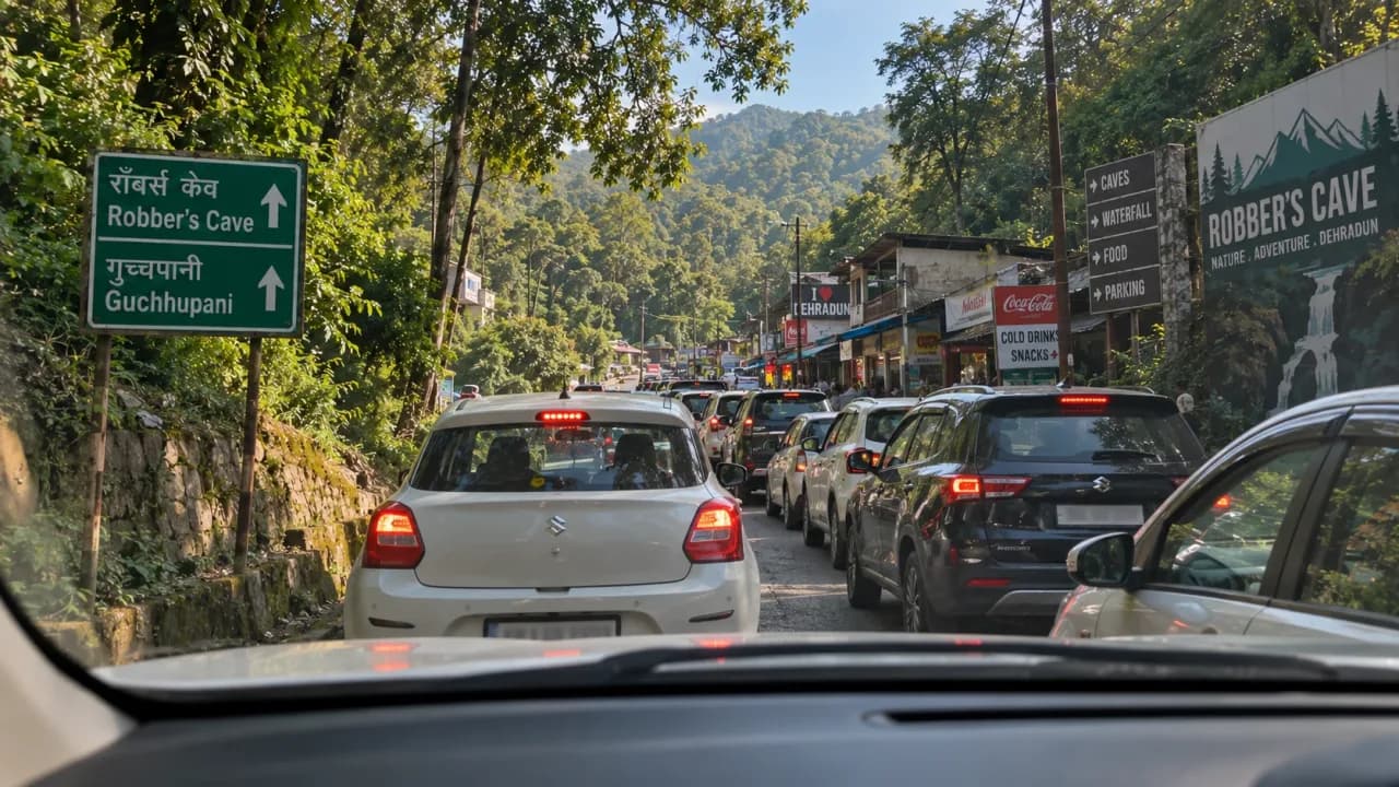Heavy traffic on the road towards Robber’s Cave in Dehradun during a busy weekend.
