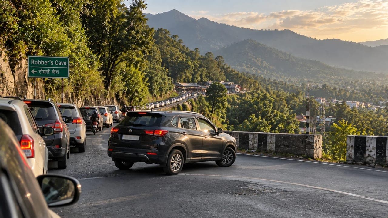 Car turning back after getting stuck in traffic while travelling towards Robber’s Cave Dehradun.
