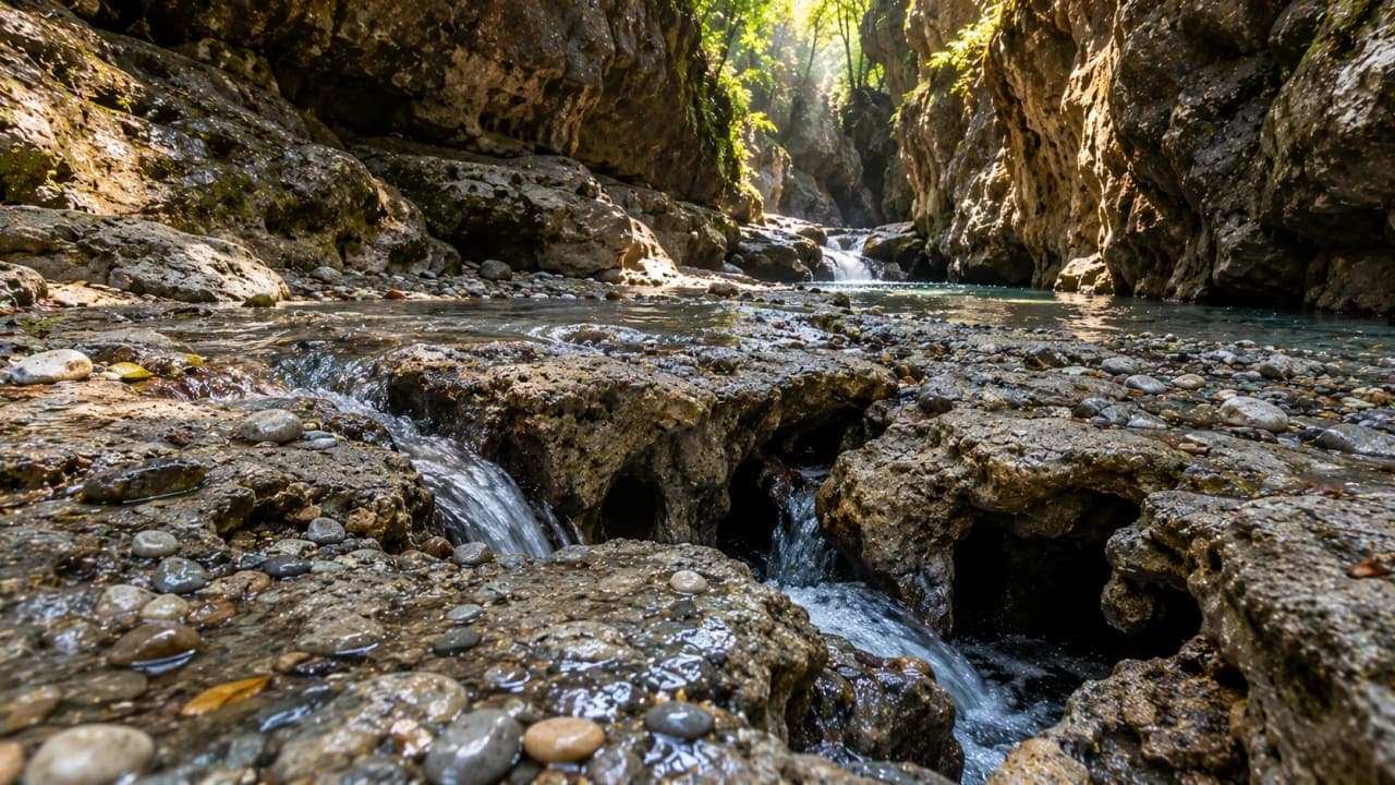 Water disappearing into underground rock channels inside Robber’s Cave Guchhupani.