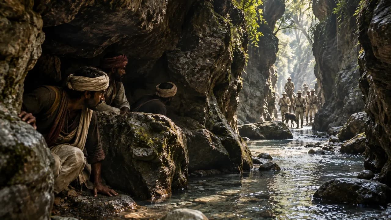Artistic interpretation of the legend that robbers once hid inside Guchhupani near Dehradun.
