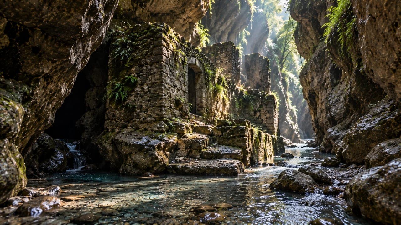 Old wall remains within the rocky landscape of Robber’s Cave Guchhupani in Dehradun.