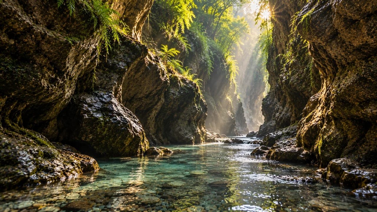 Quiet early morning view of the stream and rocky gorge at Robber’s Cave Dehradun.