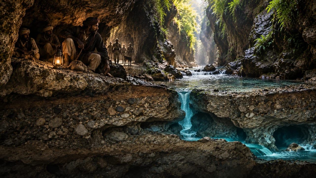 Visual comparison of robber folklore and the geological mystery of disappearing water at Guchhupani.