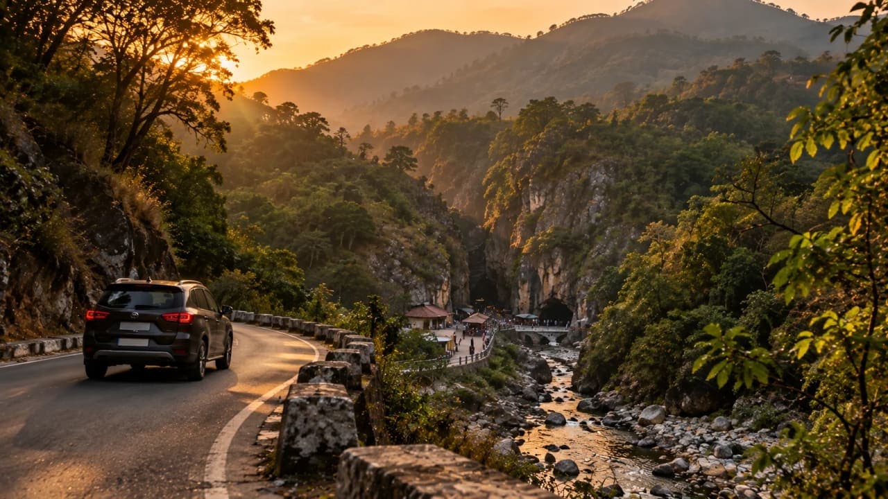 Road leading towards Robber’s Cave in Dehradun during a golden evening.