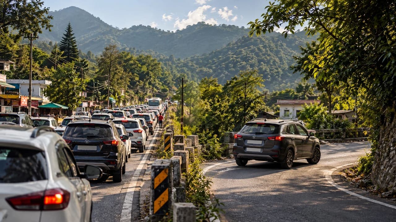 Heavy traffic on a Dehradun road after turning back from Robber's Cave towards Buddha Temple.