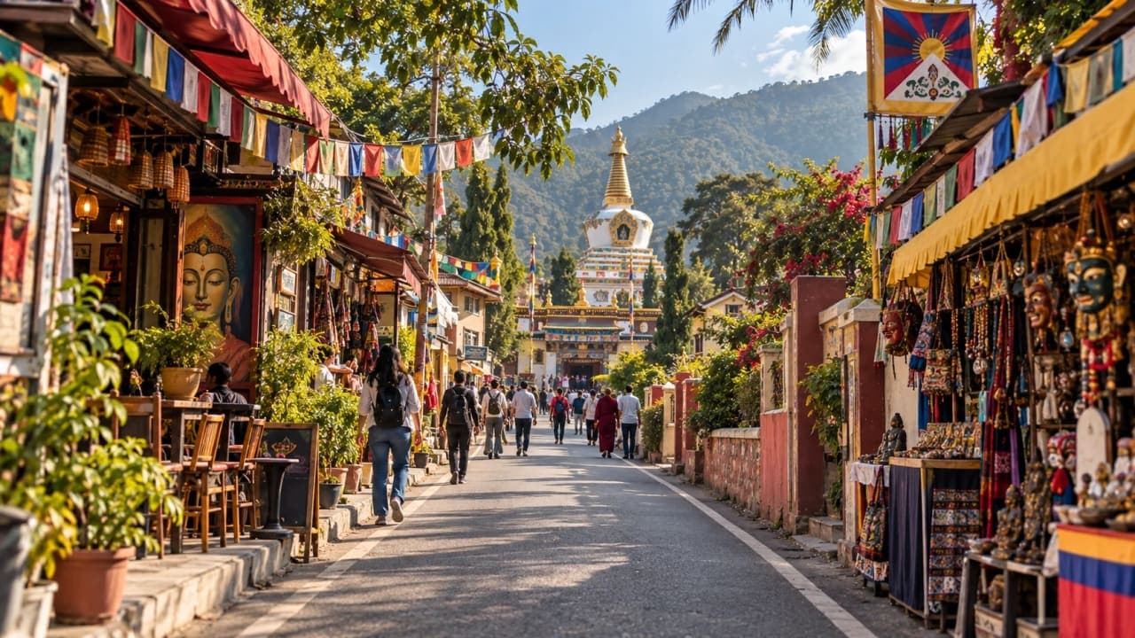 Tibetan cafés, souvenir shops and colourful streets near Buddha Temple in Clement Town, Dehradun.