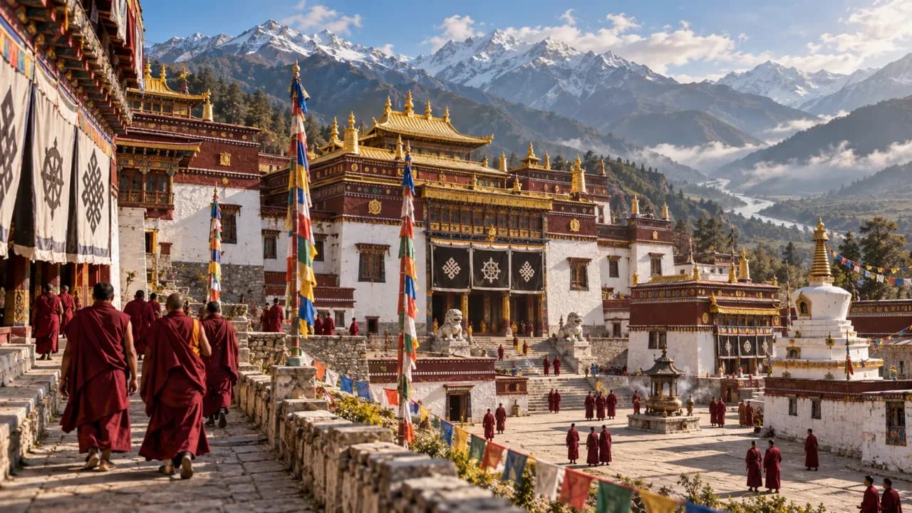 Historical artistic reconstruction of the original Mindrolling Monastery established in Tibet in 1676.