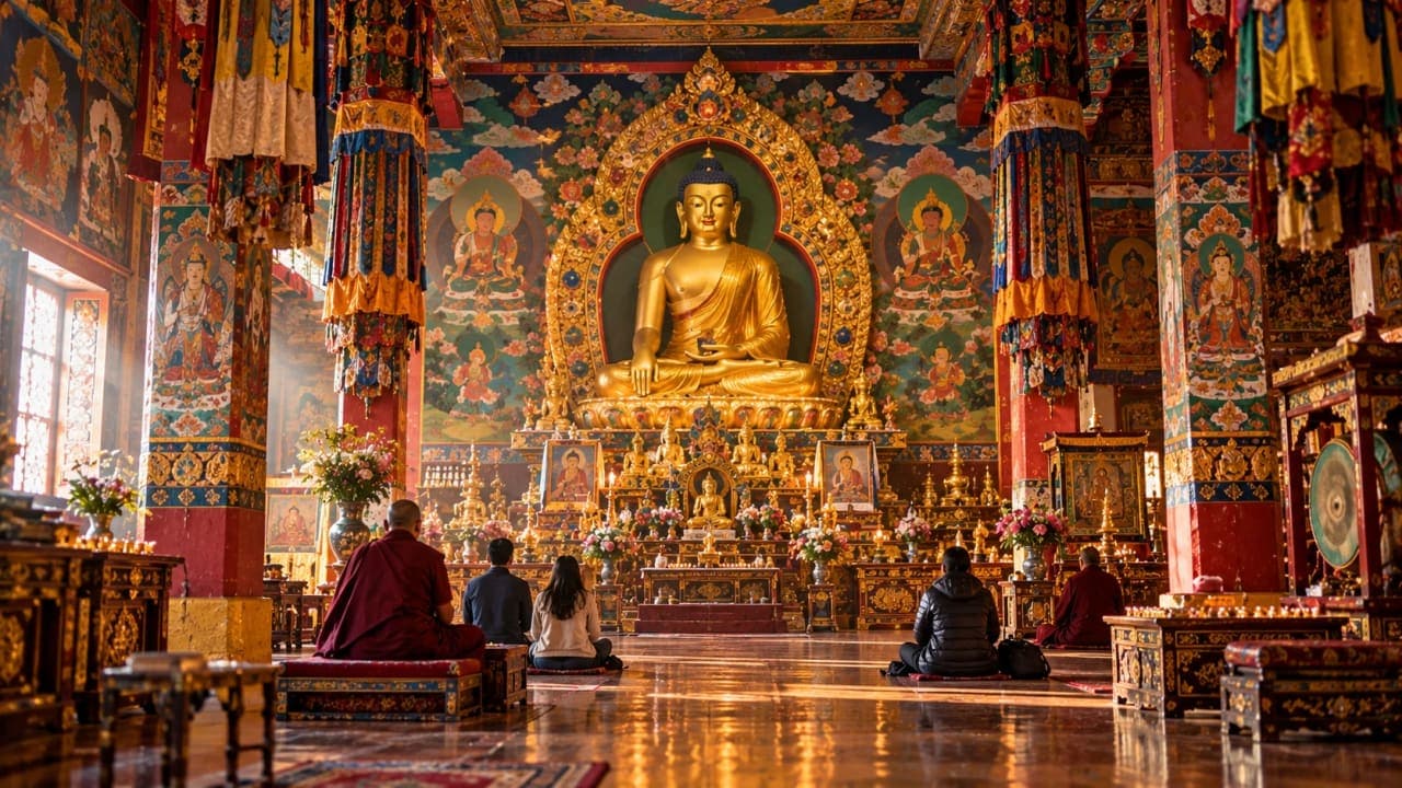 Peaceful Tibetan Buddhist shrine hall with Buddha statue and traditional murals at Mindrolling Monastery Dehradun.