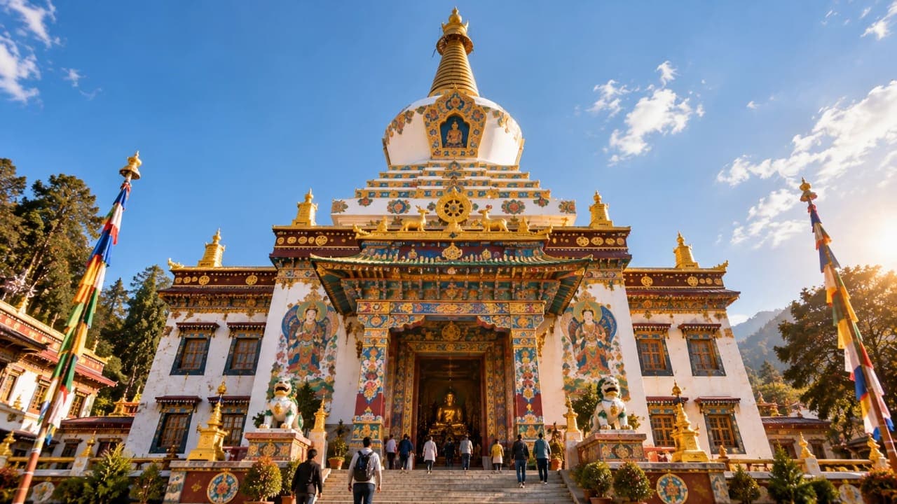 Detailed architecture of the Great Peace Stupa at Buddha Temple Mindrolling Monastery in Dehradun.