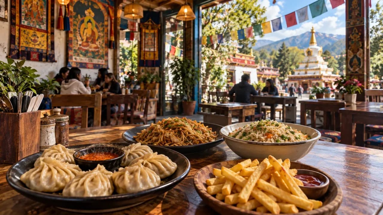 Momos, noodles, fried rice and fries served at a café near Buddha Temple in Dehradun.