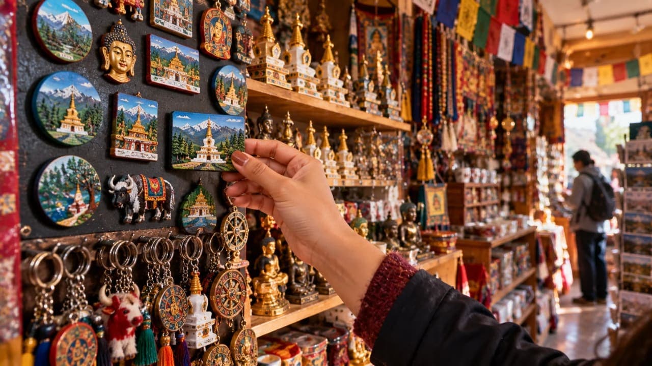Tibetan souvenir shop selling fridge magnets and decorative items near Buddha Temple Dehradun.