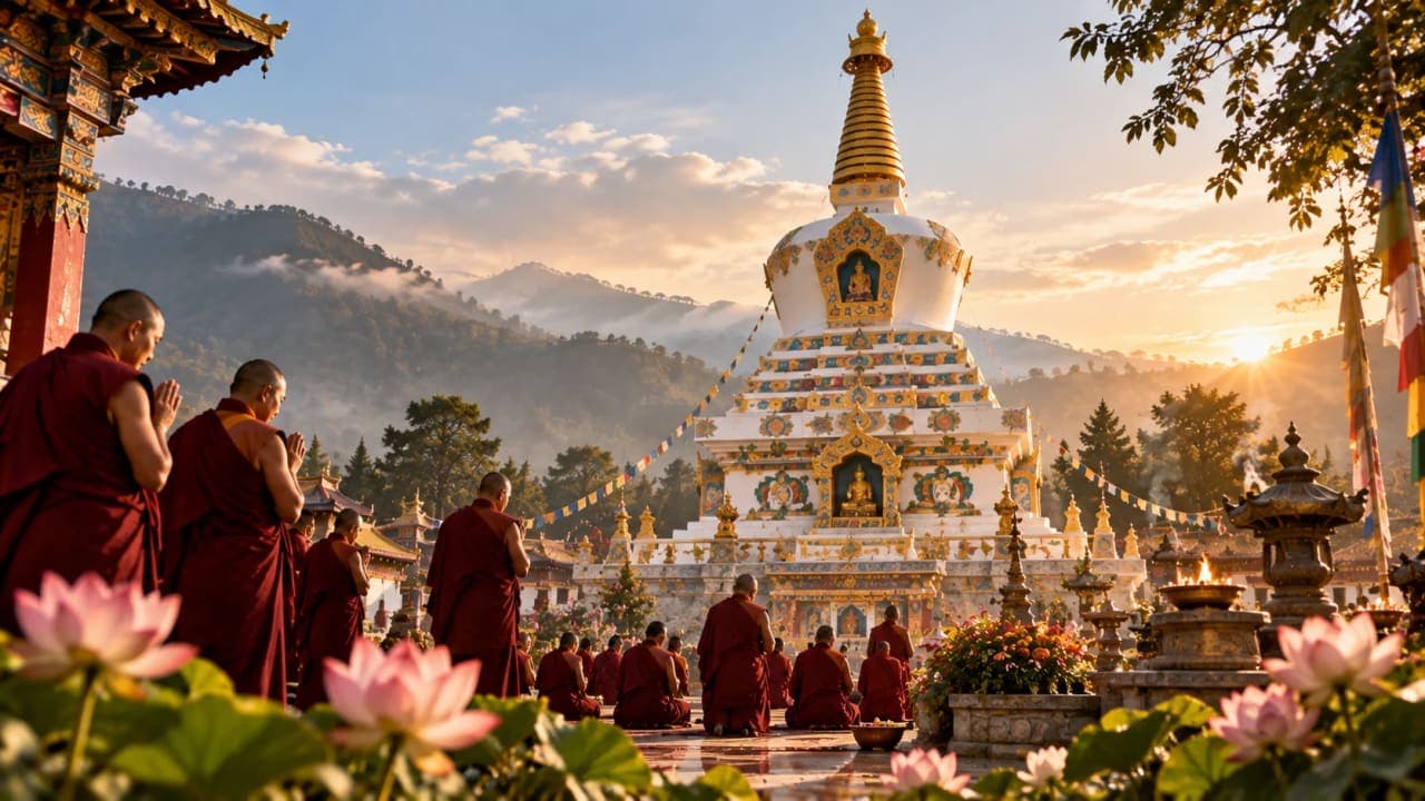 Symbolic illustration of the Great Peace Stupa at Mindrolling Monastery dedicated to world peace.
