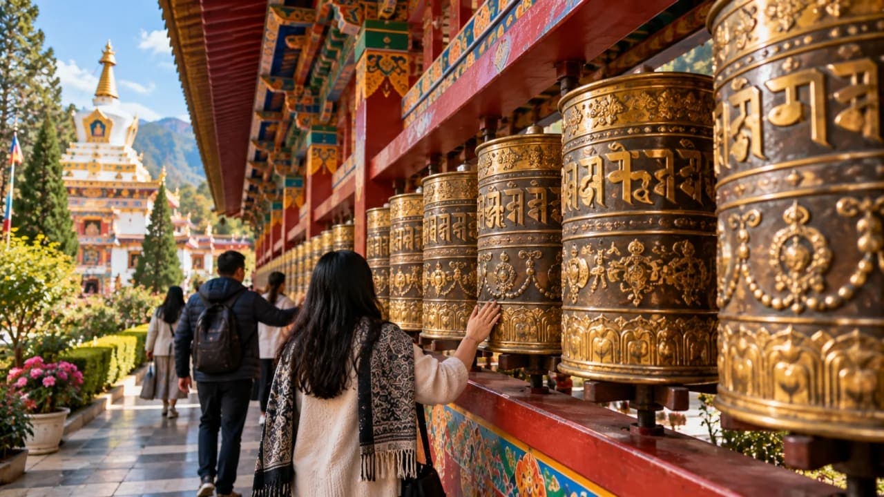 Traditional Tibetan Buddhist prayer wheels at Mindrolling Monastery Buddha Temple in Dehradun.