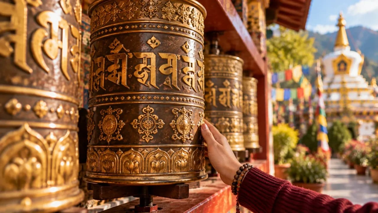 Close-up of a Tibetan Buddhist mani prayer wheel decorated with traditional mantras.