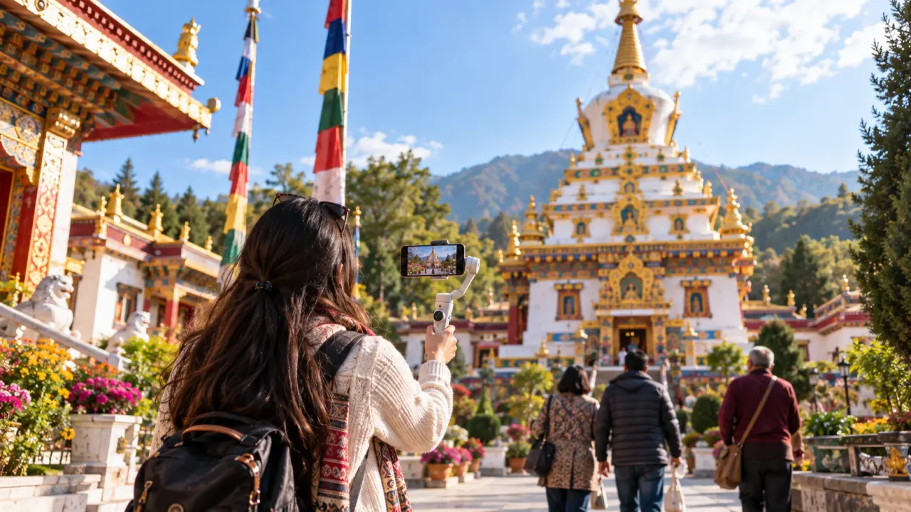 Travel creator filming Buddha Temple Dehradun with an Insta360 Flow 2 Pro smartphone gimbal.