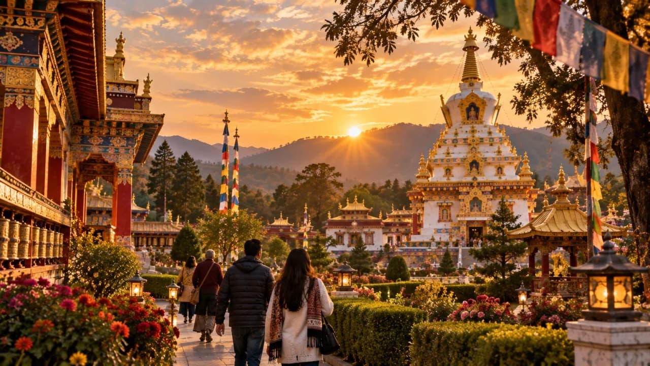 Peaceful evening view of Buddha Temple Mindrolling Monastery in Dehradun at sunset.