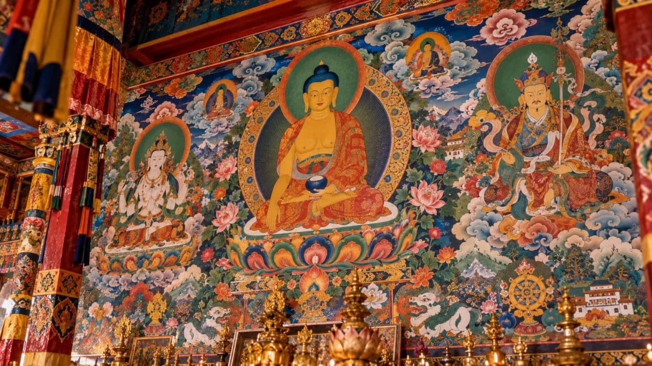 Colourful Tibetan Buddhist murals depicting sacred figures and symbols associated with Mindrolling Monastery.