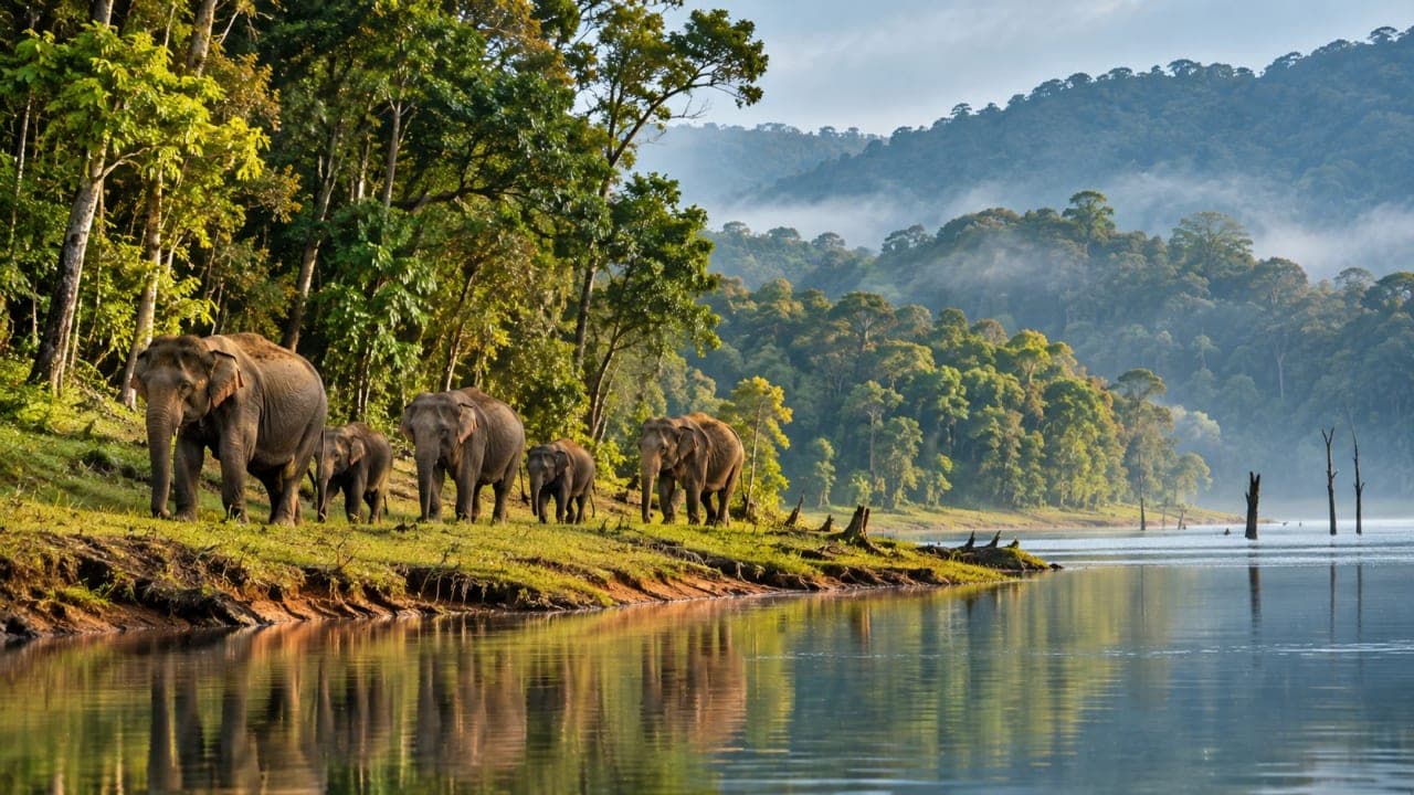 Wild Asian elephants near the forested banks of Periyar Lake in Thekkady, Kerala.