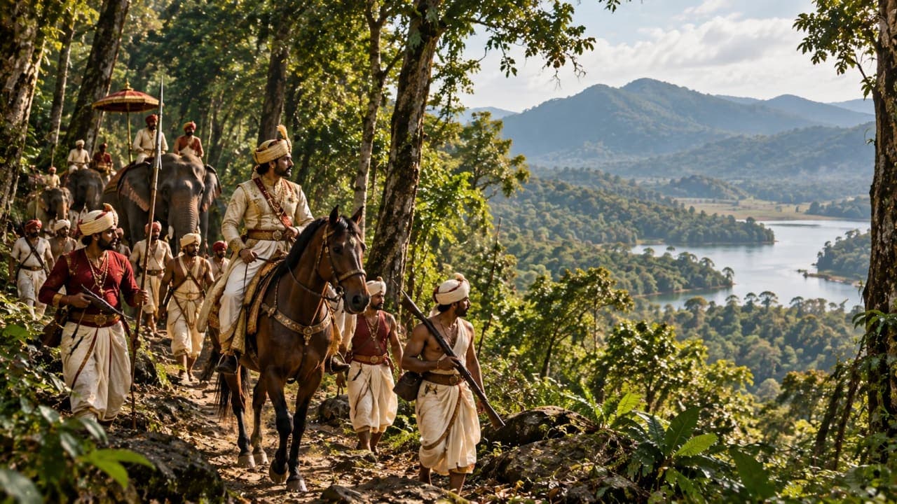 Historical artistic reconstruction of a Travancore royal hunting expedition in the forests around Thekkady.