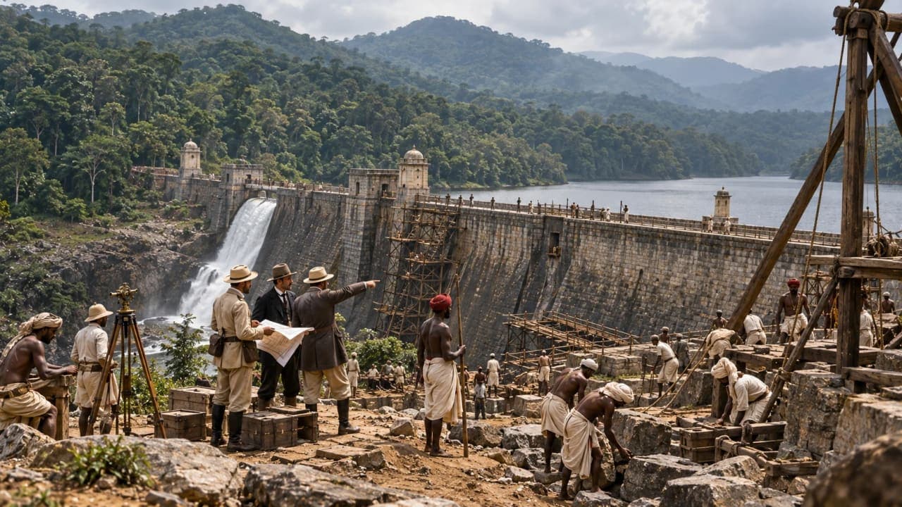 Historical reconstruction of nineteenth-century engineering work associated with the Mullaperiyar Dam in Kerala.