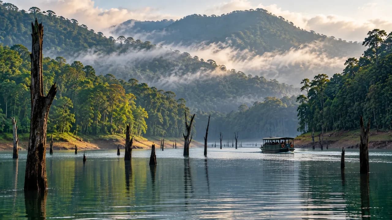 Periyar Lake in Thekkady with old tree trunks rising from the water and forest-covered hills in the background.
