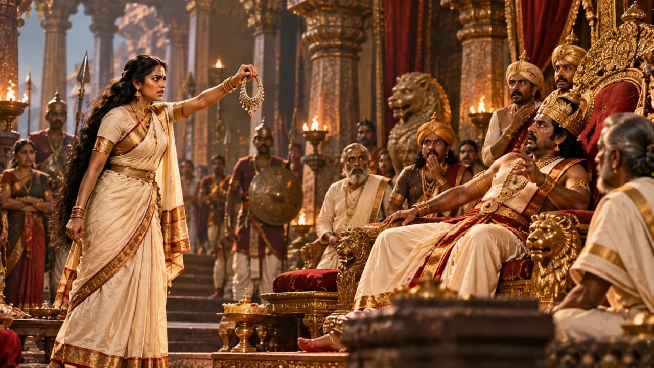 Artistic depiction of Kannagi confronting the Pandya king over the wrongful execution of her husband in the Tamil epic Silappatikaram.