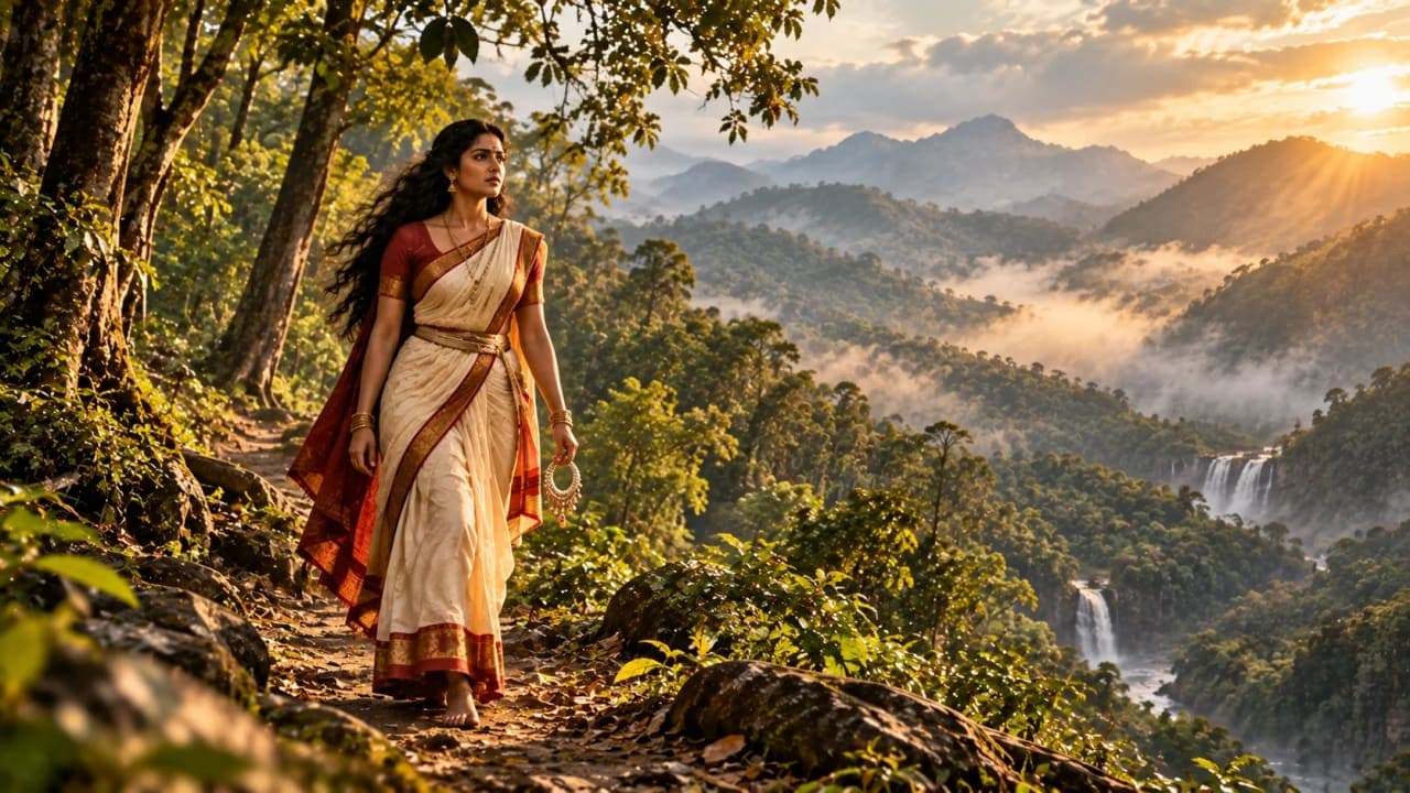 Artistic reconstruction of Kannagi travelling through the Western Ghats in the legend associated with Mangaladevi Temple.