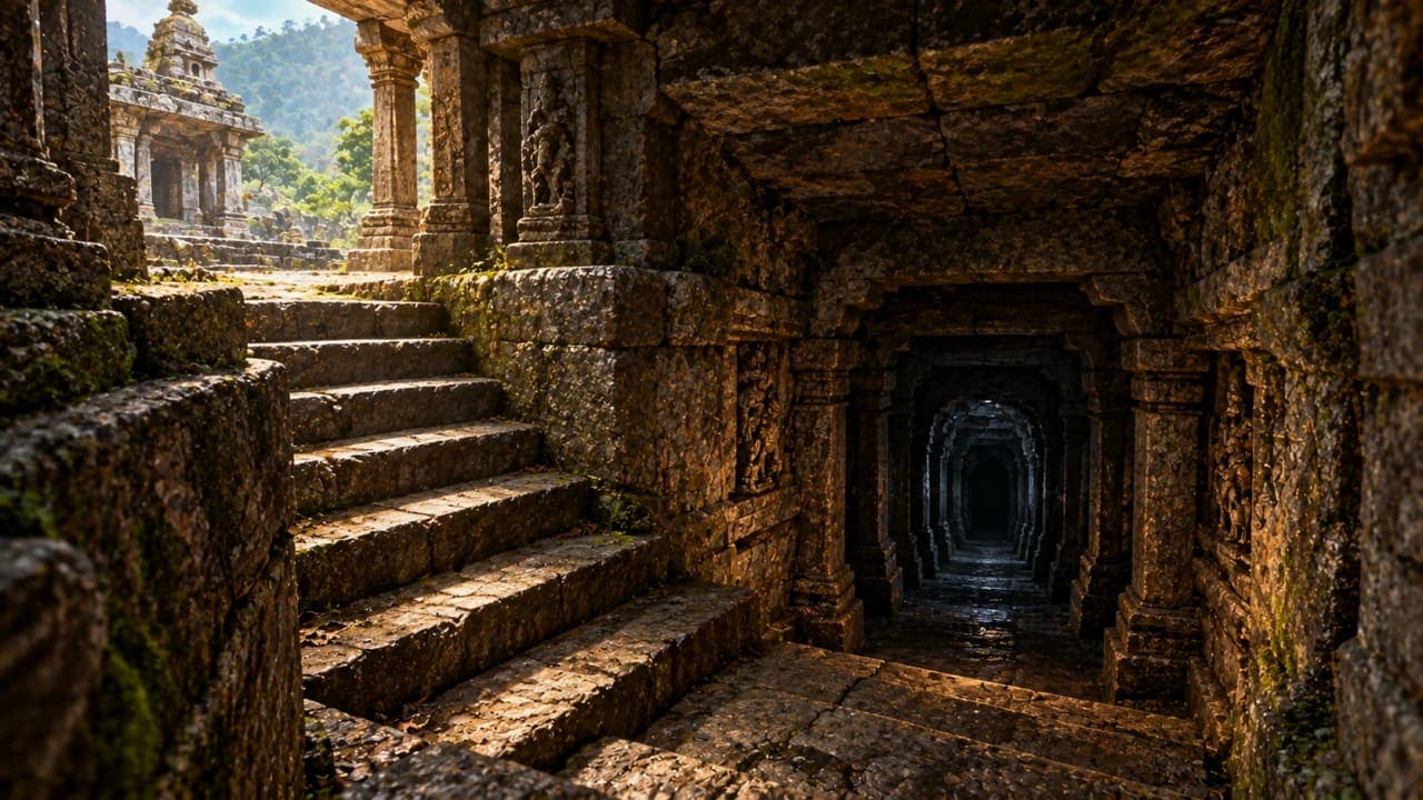 Illustrative reconstruction of the underground tunnel described in local folklore associated with Mangaladevi Temple.