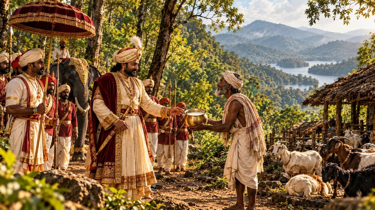 Historical artistic reconstruction of a Travancore ruler meeting a local shepherd in the forests around Thekkady.