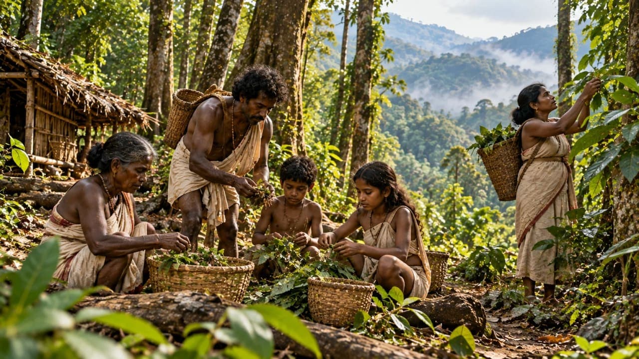 Members of an indigenous community in the Periyar region of Kerala within their forest environment.