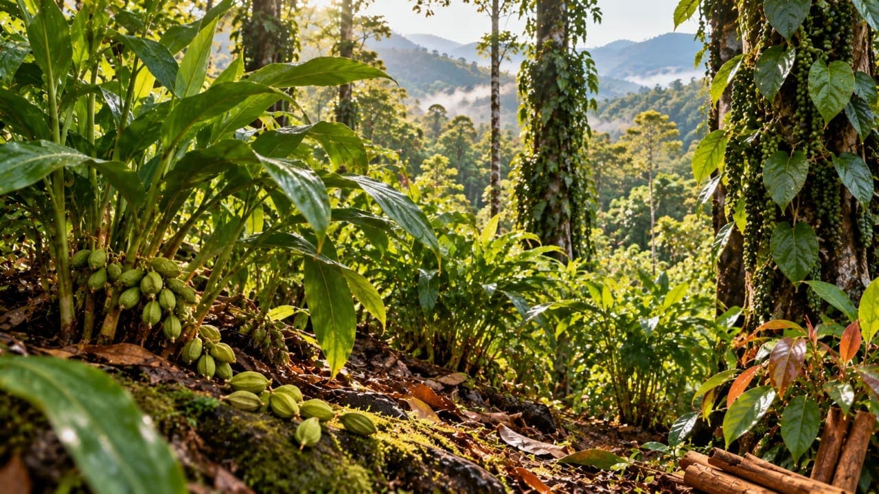 Cardamom plants and pepper vines growing in a lush spice plantation near Thekkady, Kerala.
