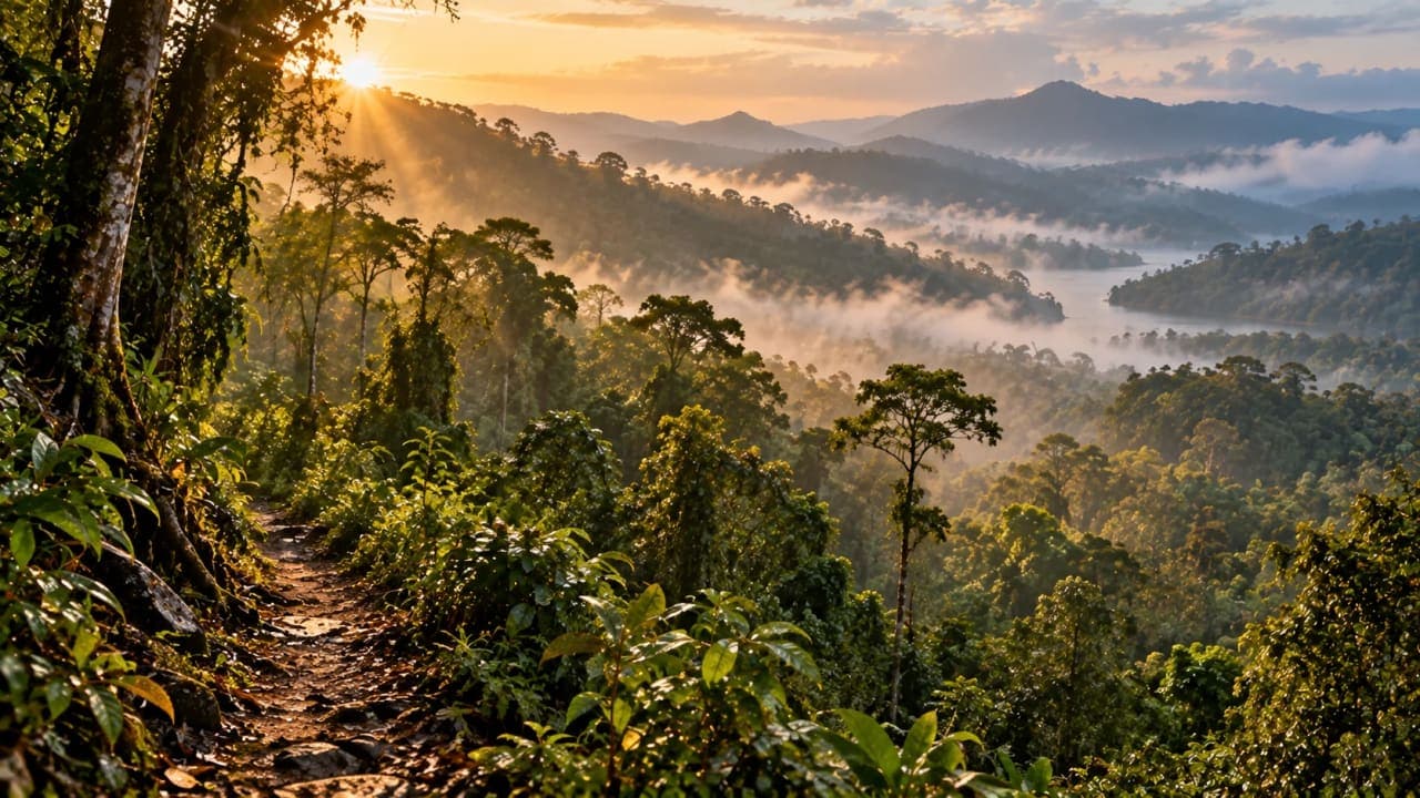 Misty forest trail disappearing into the dense green wilderness of Periyar Tiger Reserve near Thekkady.