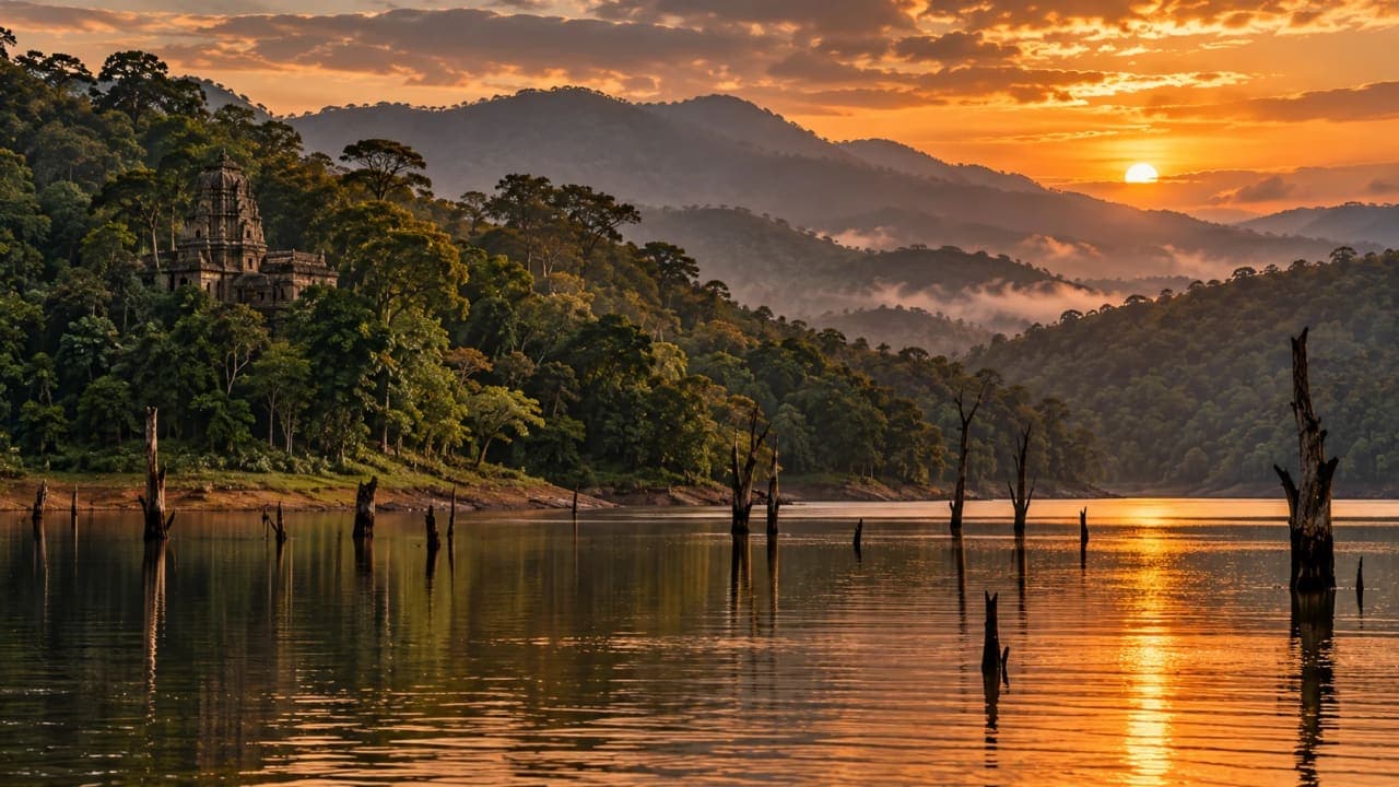 Sunset over Periyar Lake in Thekkady with forest-covered hills and an atmospheric landscape linked to local legends.