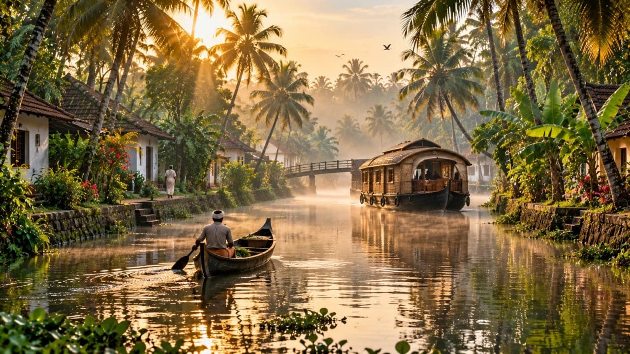Traditional houseboat and canoe travelling through the coconut-lined Alleppey backwaters